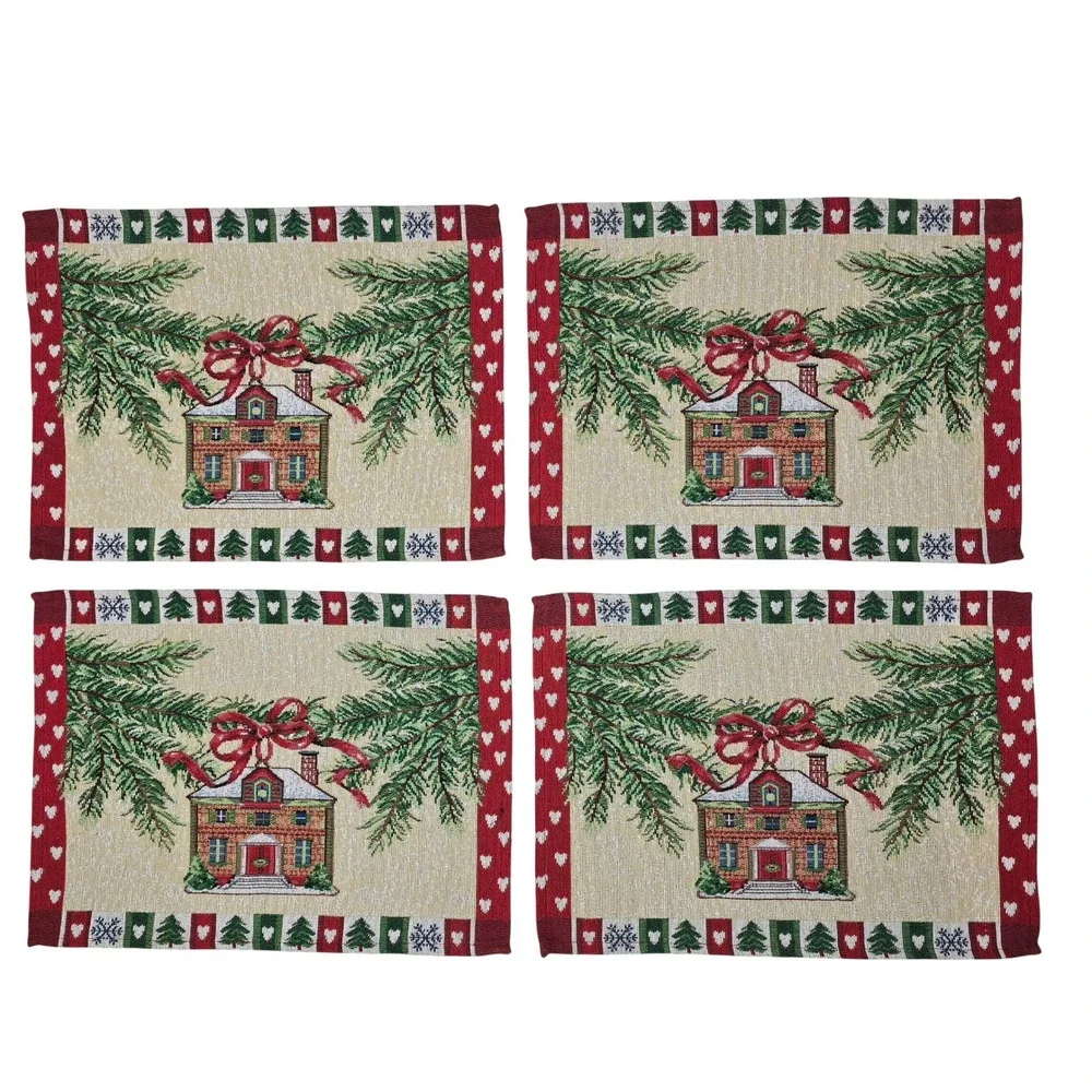 Vintage Christmas Tapestry Placemats Set Holiday Cottage Winter Decor 17.5x13